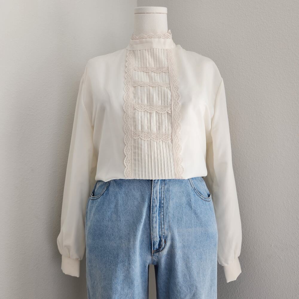 Vintage 70s Oraré Edwardian Cream White Lace Pleated High Neck Blouse Top USA L